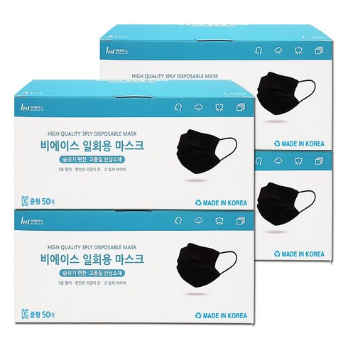 비에이스 일회용 덴탈마스크, 중형 블랙, 4개, 50매