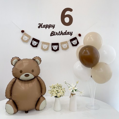 쏙쏙마켓 브라운 곰돌이 곰인형 생일풍선 가랜드 세트, 1개, 곰인형 생일풍선세트+숫자6