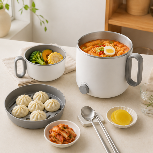 VisuLink베수린크 4in1멀티쿠커 전기냄비 라면포트 멀티쿠커 다용도 찜기+샤브+조림+끊임+1.2L용량+분리 세척 +2단 온도조절 원룸 자취 캥핑여행 빠른조리+AS 5년, 횐색