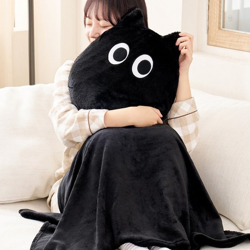미뇽맨션 뚱냥이 블랭킷 쿠션 귀여운 검은 고양이 담요 세트 방한 한파 학교 학원 학생 수능, 1개, 블랙, 34cm