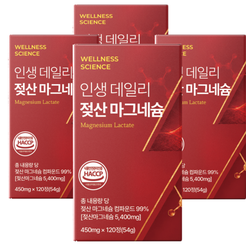웰니스 사이언스 젖산 마그네슘 100% 정품 HACCP 인증 시설 제조, 4박스, 120정