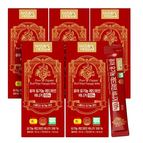 네츄럴올가 퓨어 유기농 레드와인 비니거 100% 스틱, 5박스, 280ml