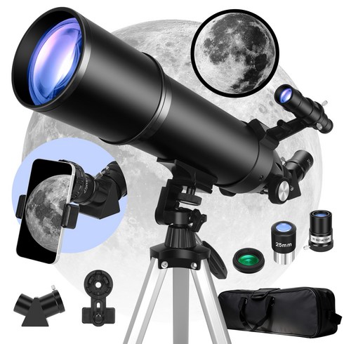 입문 고배율 천문 우주 망원경 성인용 80mm 조리개600mm 초점 거리 굴절 천체망원경 접안렌즈 3개 바로우 렌즈 5배 3개 필터 휴대폰 홀더, 180, 1개