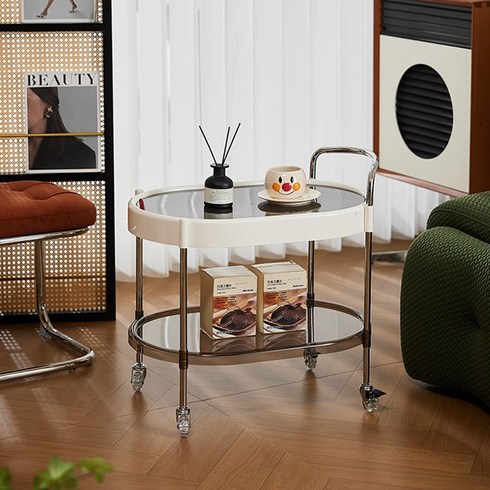 ECOHOMEY 이동식 소파 테이블 사이드 거실, 타원형 2단 아이보리
