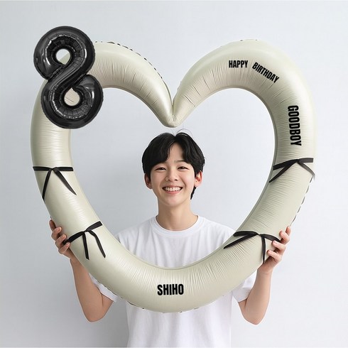 해피제이니 블랙 숫자 하트프레임 풍선 생일파티용품세트(프리레터링 시트지 포함) 포토존, 1세트, 8 크림하트