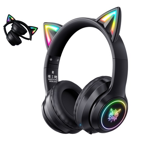 ONIKUMA B90 고양이귀 무선 게임 헤드셋 RGB 노이즈캔슬링 블루투스 5.3, 블랙