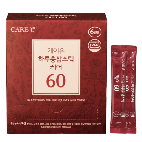 초고함량 진세노사이드 60.0mg 케어 60 6년근 홍삼스틱 50개 10ml, 1개, 50회분