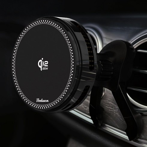 보듀엔 QI2.2 25W 초고속 냉각 맥세이프 차량용 핸드폰 무선충전 거치대 VC PRO 송풍구형 + 대시보드 + 자석링, 리치블랙