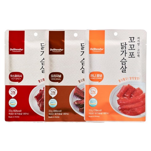 저칼로리 고단백 다이어트 간식 닭가슴살 육포 델리텐더 3종 믹스, 3개, 30g