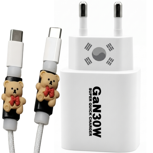 초고속 국산충전기 아이홈 Gan65W 30W C타입 PD PPS 60W블레이디케이블 CtoC 240W LED초고속충전케이블, 1세트, 화이트 30W 태극기에디션