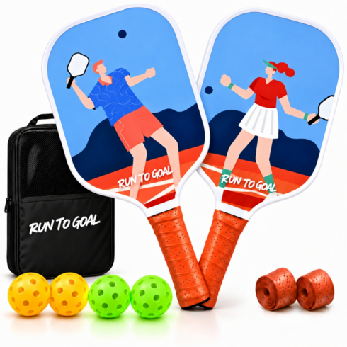 RUNTOGOAL 피클볼 라켓 2인 세트 입문용 파이버글라스 패들 2개 실내외 공 4개 야광공 가방 포함, 1세트, 혼합컬러