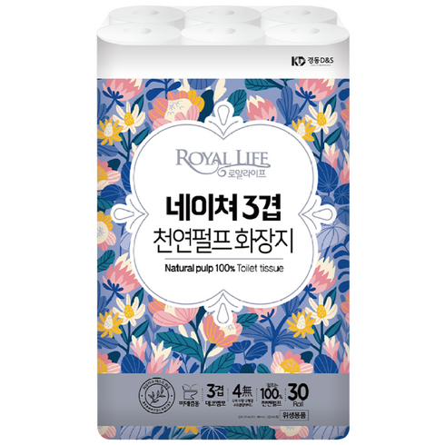 순수 천연펄프 로얄라이프 네이쳐 3겹 엠보 화장지, 27m, 30롤, 1개