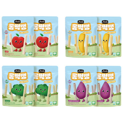 아넬라 유기농 롱떡뻥 롱스틱 4종 x 2p 세트, 혼합맛(사과/바나나/브로콜리/자색고구마), 30g, 1세트