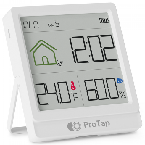 ProTap 가정용 온습도계 시계 기능 포함 장시간 사용 가능 CR2450 배터리 포함 대형 LCD 책상 & 자석 & 벽걸이 2in1 날짜 표시 화이트 E1C, 흰색, 1개