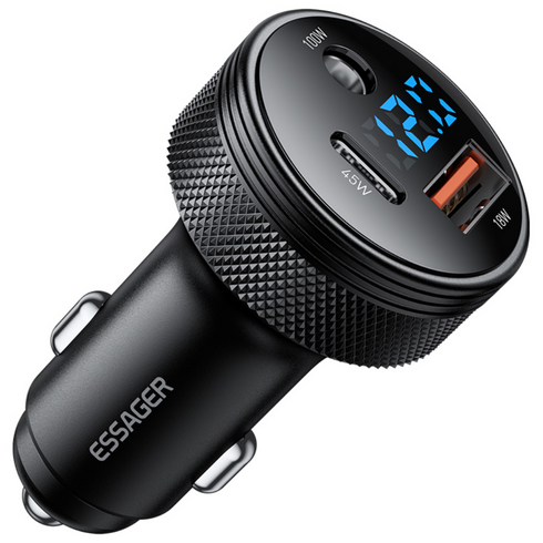 Essager DC 12V 100W USB A+C포트 3포트 차량용 시거잭 자동차 초고속 충전기, 블랙, ECC150W-TX01-Z