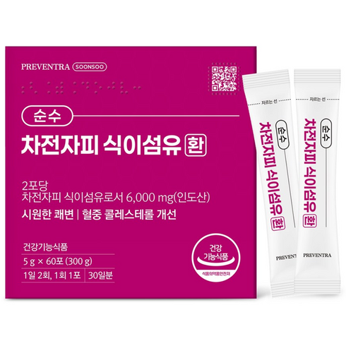 (핫딜/유통기한 27.04.16) 프리벤트라 순수 차전자피 식이섬유환 6000mg / 60포 건강기능식품 쾌변 장청소, 300g, 1개