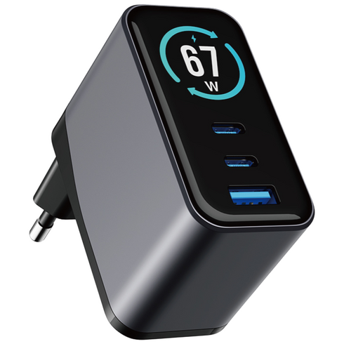 엘락 67W 초고속 디스플레이 C타입 3포트 GaN 멀티충전기 갤럭시 초고속 PD SFC3.0 QC3.0 USB, 1개, 그레이