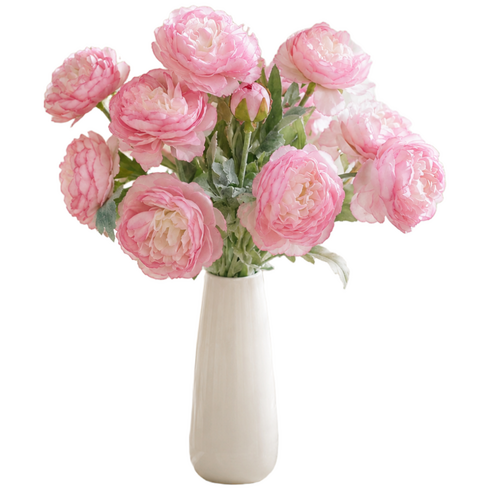 BloomLife 조화 라넌큘러스 꽃 5대 + 화이트 세라믹 화병 세트 50cm 인조꽃 인테리어 꽃병 장식 홈데코, 연핑크, 1개