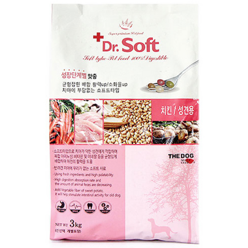 더독 어덜트 강아지 닥터 소프트 사료, 닭, 3kg, 1개