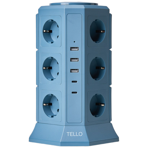 텔로 (에디션) 타워 멀티탭 17구(USB-3 CTYPE-2) KC인증 접지 안전 고급 멀티탭 선정리 가능한 인테리어 귀여운 디자인 예쁜색상, 2m, 딥블루, 1개
