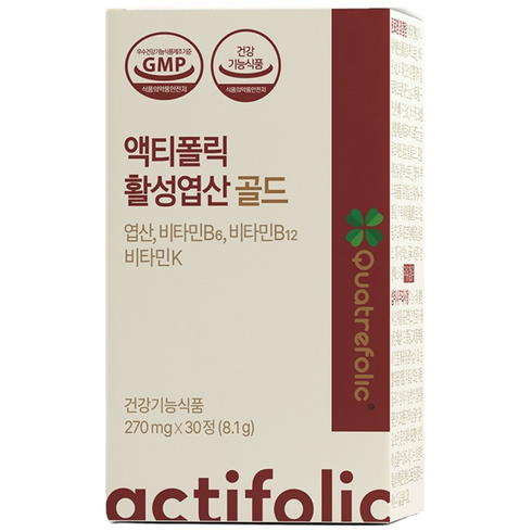 리노브 액티폴릭 활성엽산 골드 4세대 활성형엽산 1054ug DFE 비타민 B6 B12 K2 혈액건강 뼈건강 호모시스테인, 5개, 30정