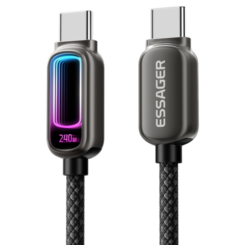 ESSAGER 디스플레이 C-C타입 240W 5A E-Marker 칩 고속 충전 케이블, 블랙, 1m  EXCTT3-YJ0A-P