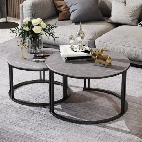 WISFOR 포세린 세라믹 대리석 마블 블랙 원형 거실 소파 테이블 700+570cm 세트, 그레이