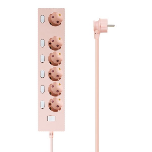 파워존 자동소화 4000W 고용량 웨이브 개별스위치 과부하차단 6구 멀티탭 50cm 1.5m 3m 5m 7m, 자동소화 개별스위치 6구 5m 파스텔핑크, 1개, W9ME650PPK