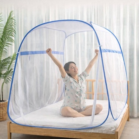 이로앤 원터치 침대 사각 모기장 텐트 접이식 캐노피, 그레이
