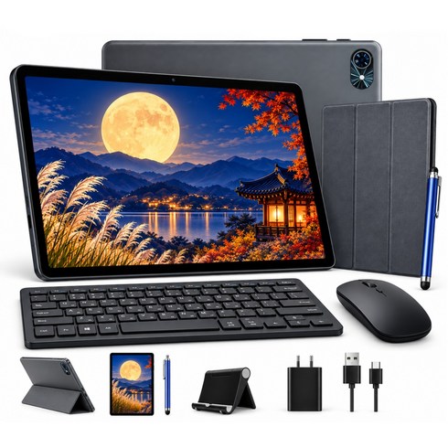 TABWEE T80 안드로이드16 10.1인치 태블릿PC 16GB(4+12)+64GB 2TB확장 Widevine L1 키보드 마우스 펜 케이스 세트, 회색, 64GB, Wi-Fi