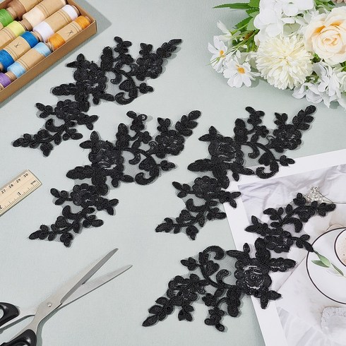 4개 폴리에스터 자수 레이스 아플리케 장식 액세서리 (치파오용 블랙 240x100x1.5mm), 검정색