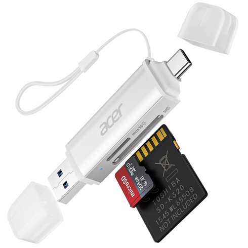 에이서 2-in-1 USB-A/USB-C 고속 카드 리더기 SD/microSD 동시 읽기/쓰기 5Gbps 초고속 전송 USB 3.0 고속 SD/TF 카드 리더기, 1개, 하얀색, UC202