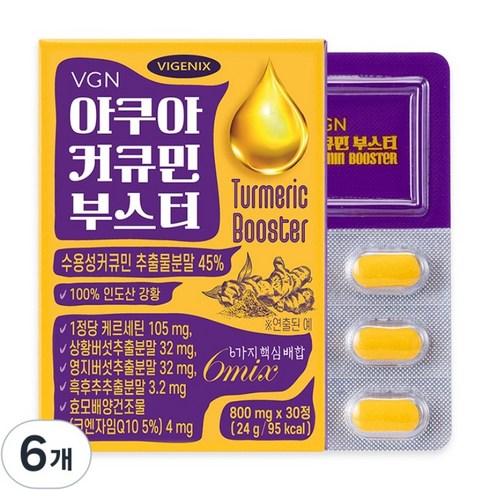 [웰스앤헬스] 비제닉스 아쿠아 커큐민 부스터 수용성 강황 퀘르세틴 코엔자임Q10 (800mg), 6박스, 30정