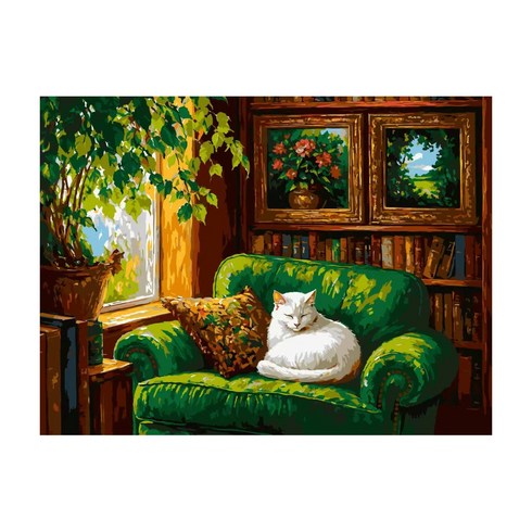 luntim DIY 명화그리기 유화 그림 그리기 선물 아크릴화 30x40 고양이 감성 힐링 그림, 초록 서재의 흰 고양이, 1개
