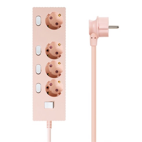 파워존 4000W 고용량 웨이브 개별스위치 과부하차단 4구 멀티탭 콘센트 50cm 1.5m 3m 5m 7m, 개별스위치 4구7m 파스텔핑크, 1개