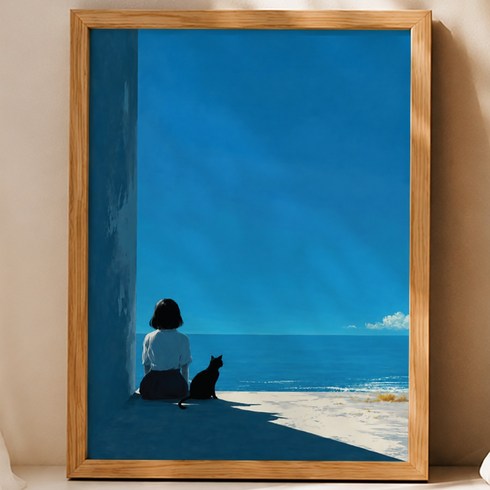 [도쿄나이트] 북유럽 감성 고양이 그림 8종 액자 나무 프레임 인테리어 포스터 거실 침실 장식, 5번 푸른 바다, 너와 나