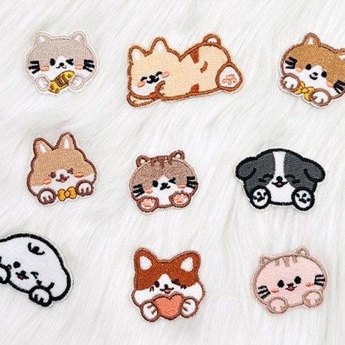 동글동글 멍멍이 냐옹이 고양이 강아지 스티커 접착 와펜 DIY수선 셀프수선 의류수선 9P 귀요미 자수와펜 리폼 패치, 1개