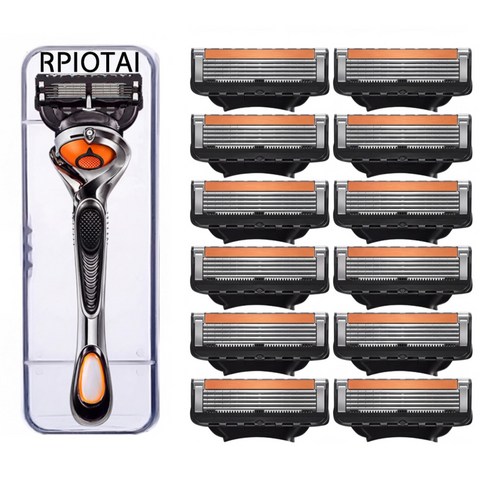 RPIOTAI 5중 블랙 질레트 면도날 프로글라이드 퓨전 호환 날카로운 남자 면도기, 1세트, 면도날 12개입+스윙면도기1개