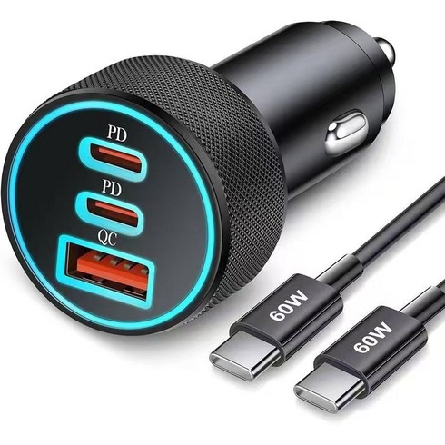 BuddhiGear PD60W+QC3.0 고속차량용충전기 멀티포트 USB C 자동차충전기 아이폰 갤럭시 호환, 검은색, CC10