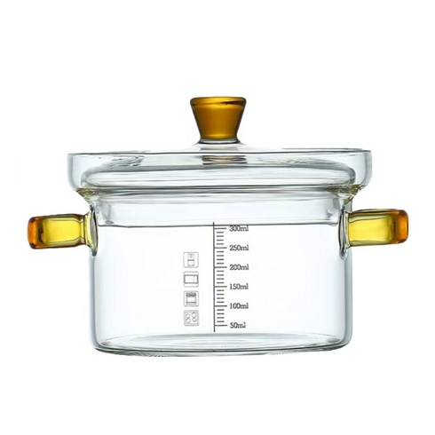 유리 냄비 유리 우유 냄비 전자레인지 가열 계란 찜통 김치 그릇 눈금 뚜껑, 1개, medium 300ML, yellow