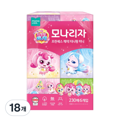 모나리자 캐치 티니핑 미니 천연펄프 미용티슈 2겹, 230매, 18개