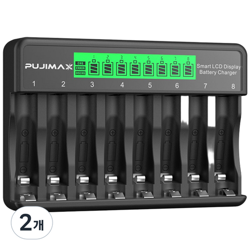 PUJIMAX AA AAA 1.2V Ni-MH 8슬롯 충전지 건전지 급속충전기 과충전방지 LCD표시 검색 케이스 충전기, 2개