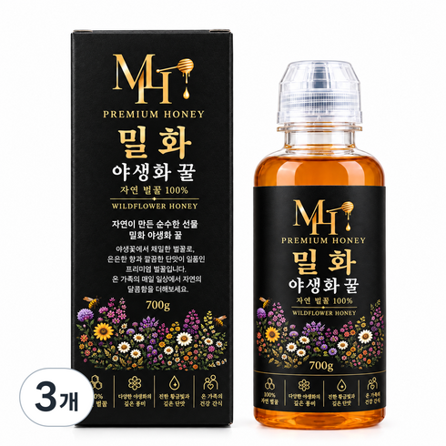 밀화 프리미엄 천연 자연벌꿀 100% 야생화, 3개, 700g