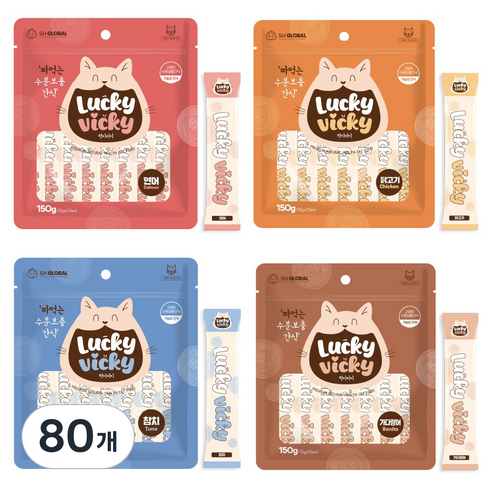 럭키비키 짜먹는 고양이 간식, 15g, 80개, 혼합