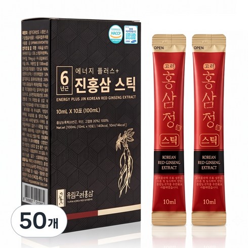 100% 홍삼농축액 6년근 에너지플러스 진홍삼스틱, 50개, 10ml