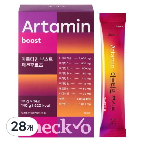 체크오 아르타민 부스트 패션후르츠 아르기닌 타우린 고함량 나혼산 나혼자산다 유리 비타민 활력 비타민 패션후르츠맛, 28개, 14회분