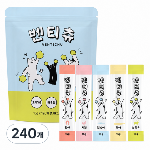 벤티츄 짜먹는 고양이간식 대용량, 240개, 15g, 혼합맛(북어/산양유/열빙어/연어/치킨)
