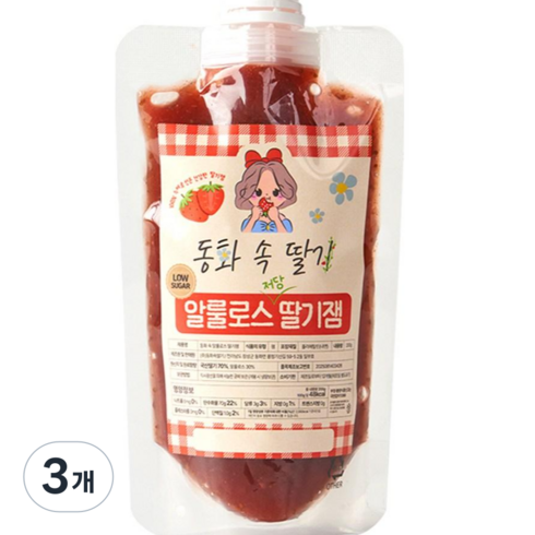 동화속딸기 간편 파우치 무설탕 저당 저칼로리 알룰로스 딸기잼, 3개, 200g