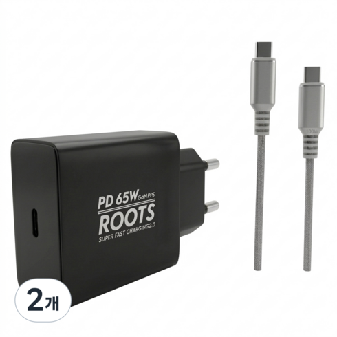 루츠 65W Gan PD PPS C타입 국내생산 초고속 충전기 + C to C 100W 5A E Marker 1.5M 케이블포함, 블랙, 2개