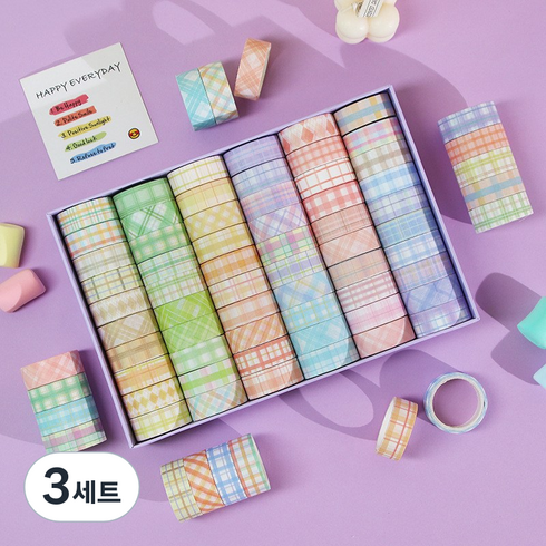 밍문구 순수 캔디 마스킹테이프 세트 격자무늬 마스킹테이프 다이어리 꾸미기, 3세트, 퍼플